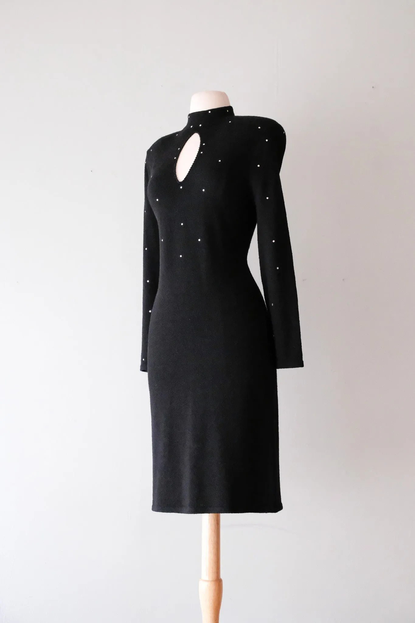 Amazing 1980’s Black Knit Cocktail Dress with Rhinestones / Sz M