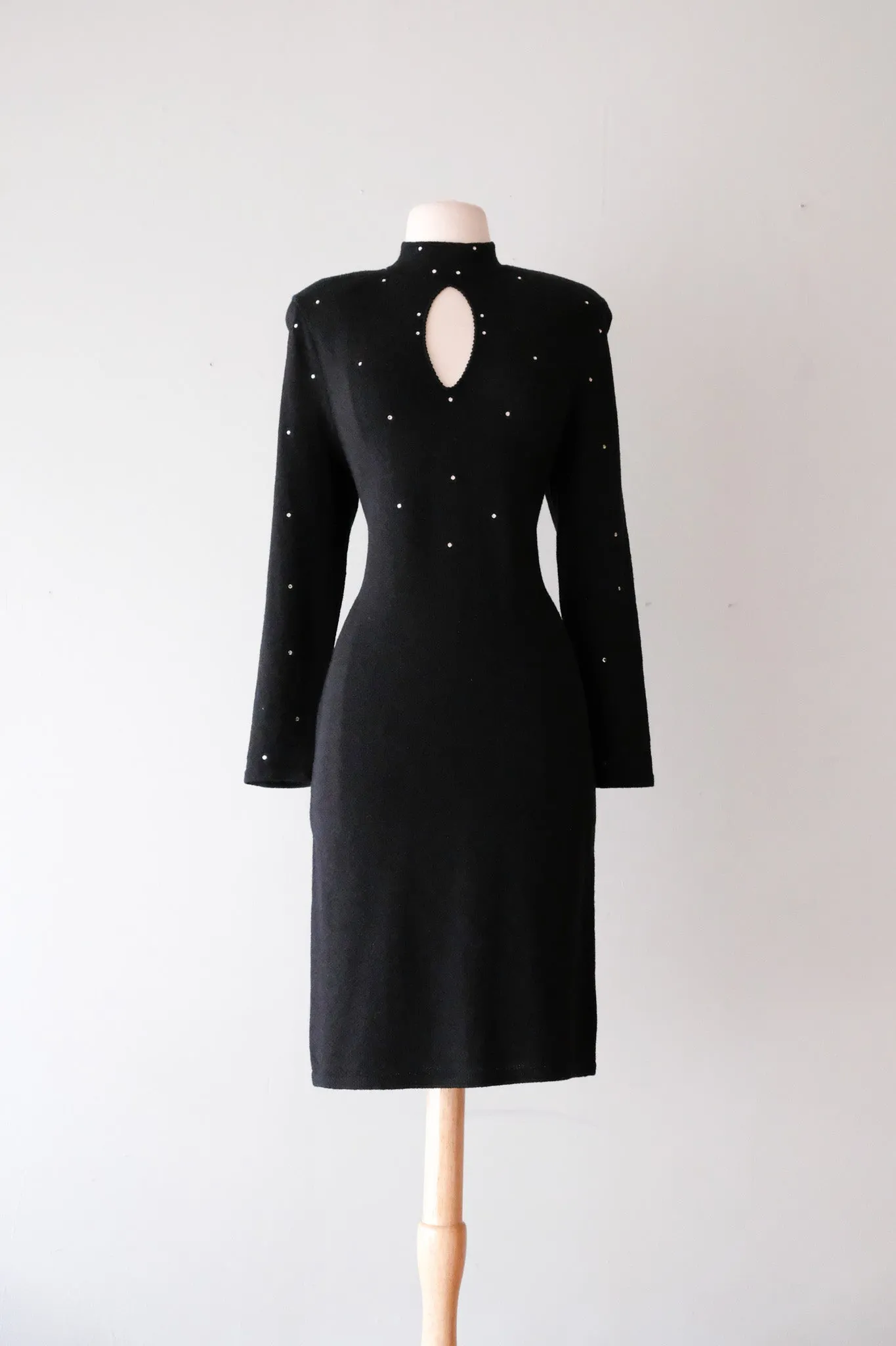 Amazing 1980’s Black Knit Cocktail Dress with Rhinestones / Sz M