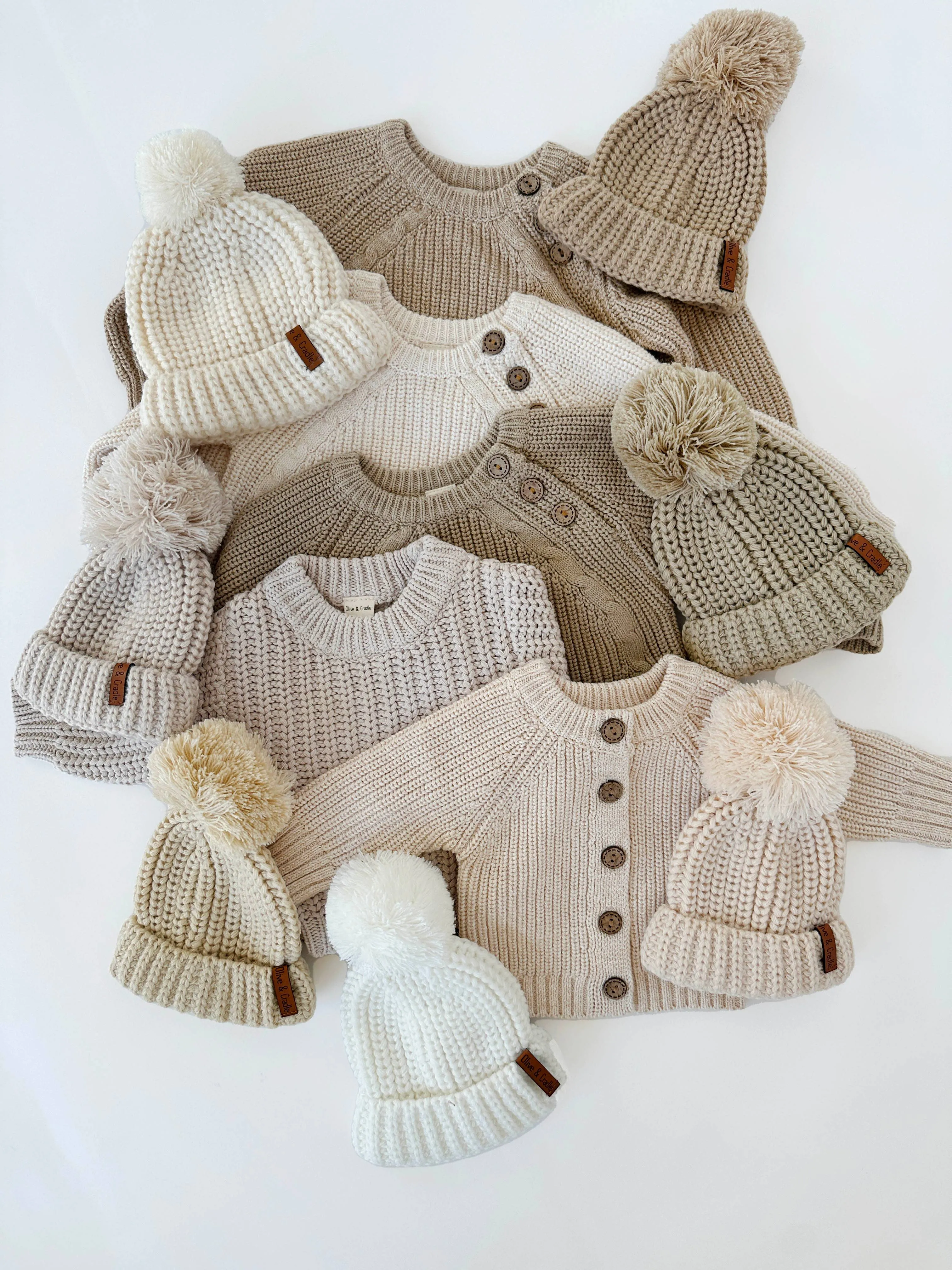 Baby Beanie Knit Hat with Pom Pom: Beige / Xs/nb-2m