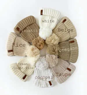 Baby Beanie Knit Hat with Pom Pom: Beige / Xs/nb-2m