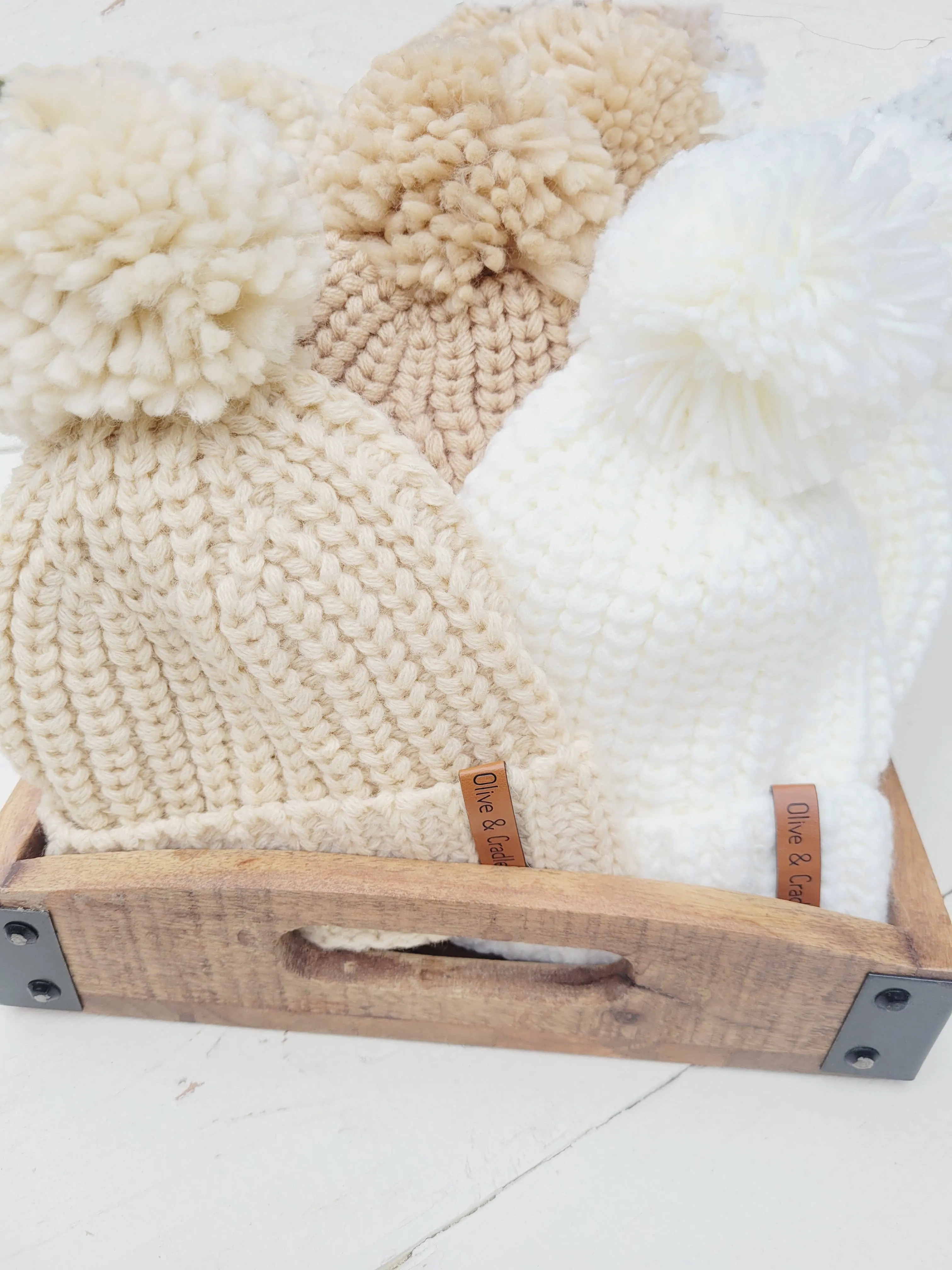 Baby Beanie Knit Hat with Pom Pom: Beige / Xs/nb-2m