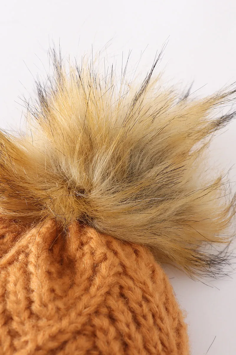 Camel cross cable knit pom pom beanie hat baby toddler adult