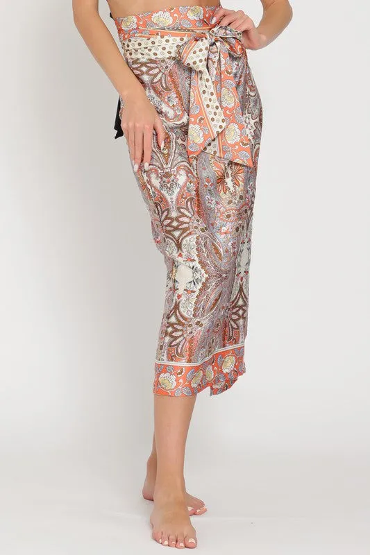 Camel/Tangerine High Waisted Wrap Satin Midi Skirt