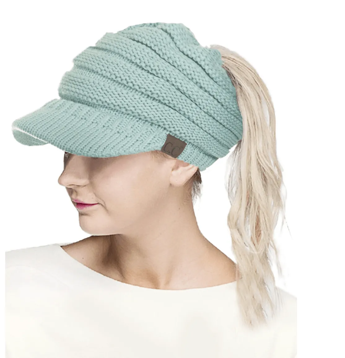 C.C KNIT BRIM MESSY BUN PONYTAIL VISOR BEANIE HAT-MB-131