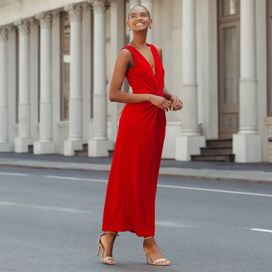 Center Slit Maxi Dress:  red