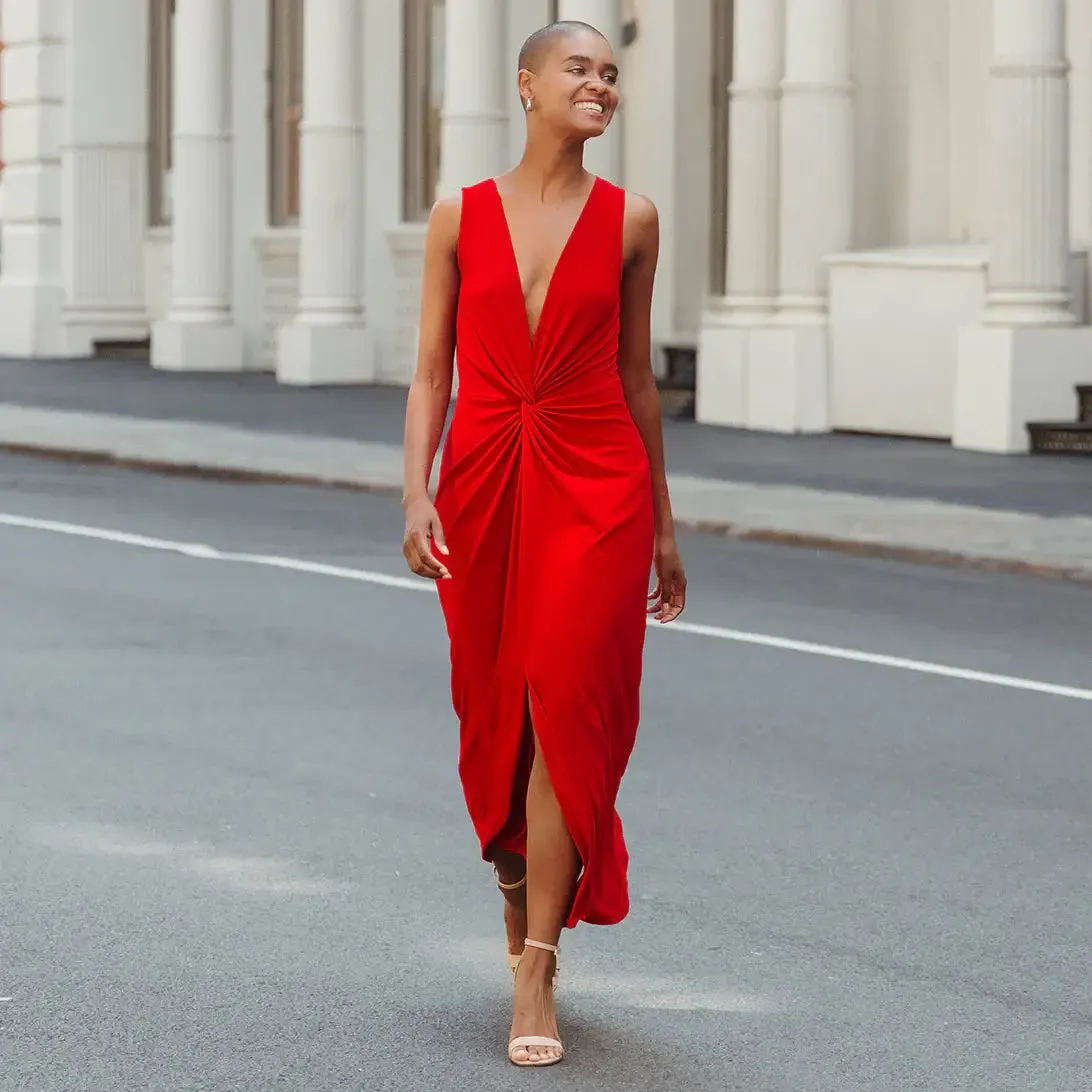 Center Slit Maxi Dress:  red