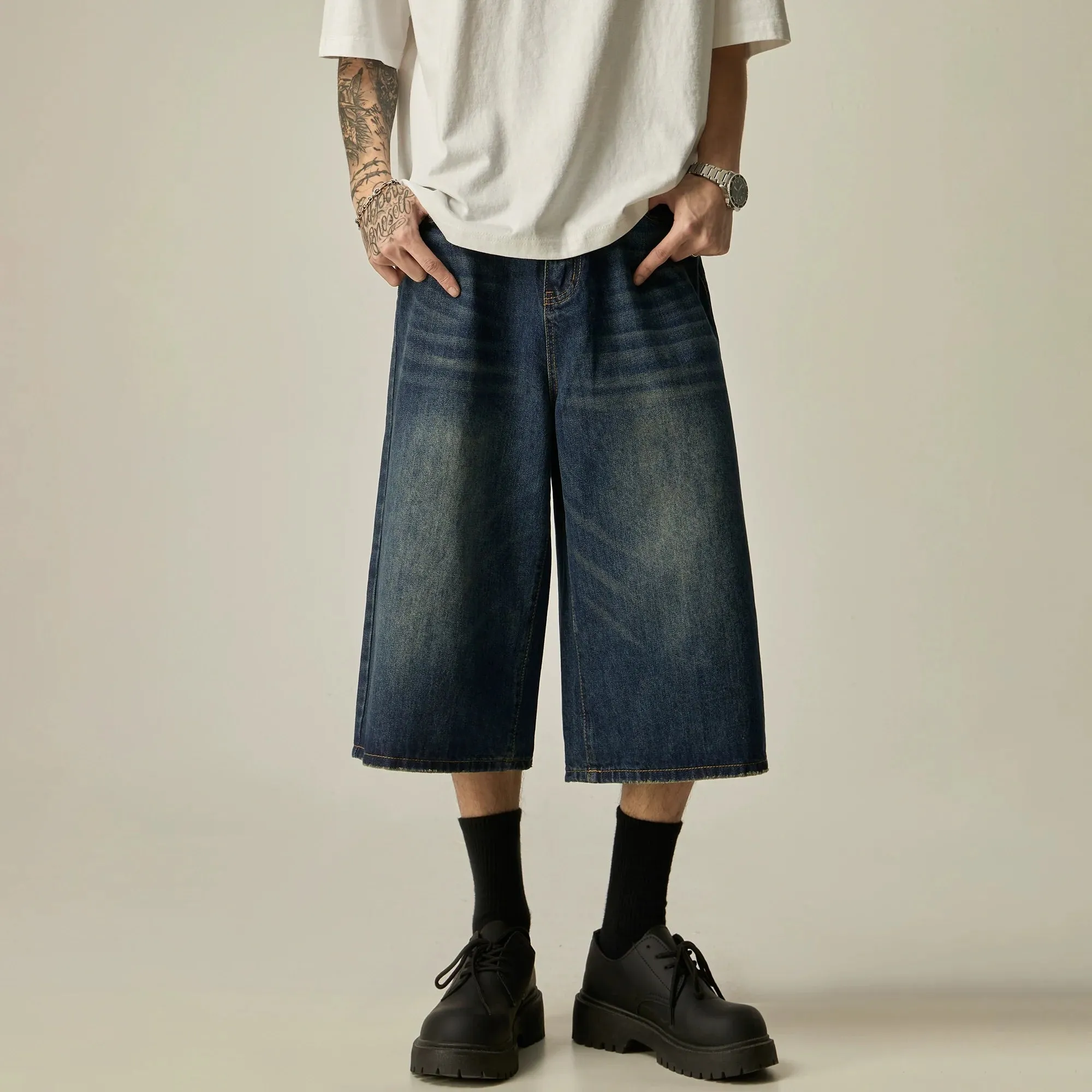 Charcoal Wide-Leg Cropped Denim Culottes