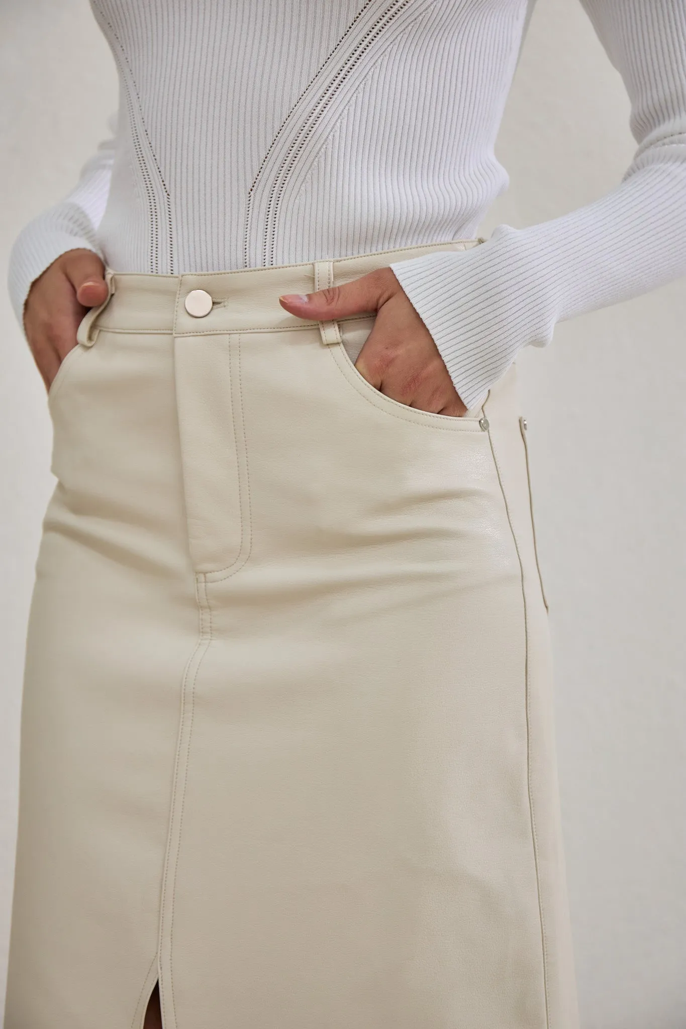 Evan Beige Faux Leather PU Midi Skirt