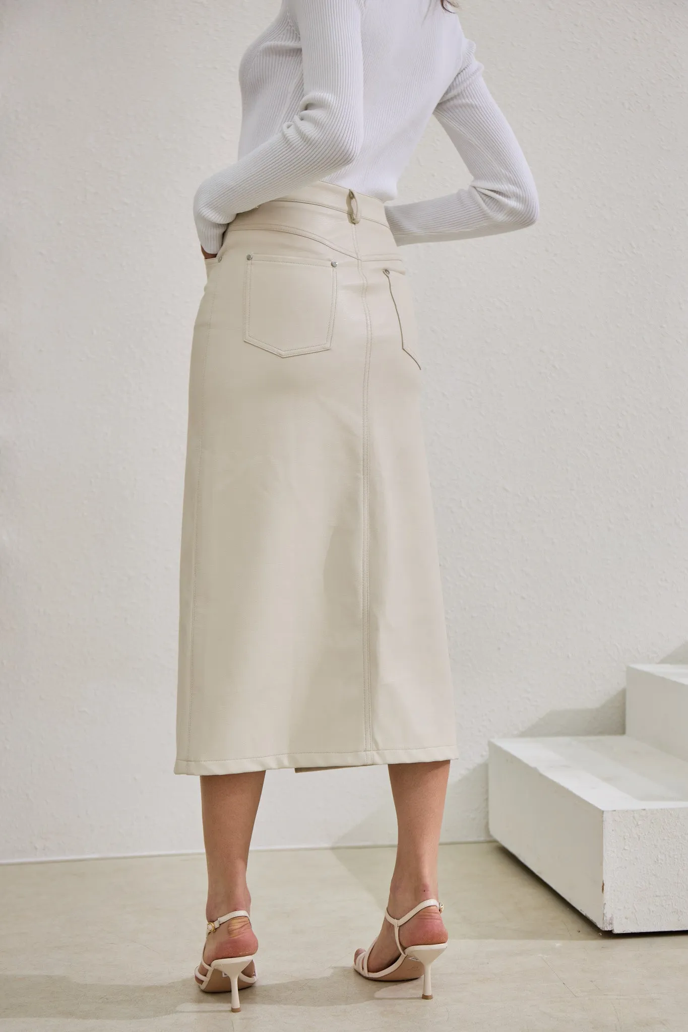 Evan Beige Faux Leather PU Midi Skirt