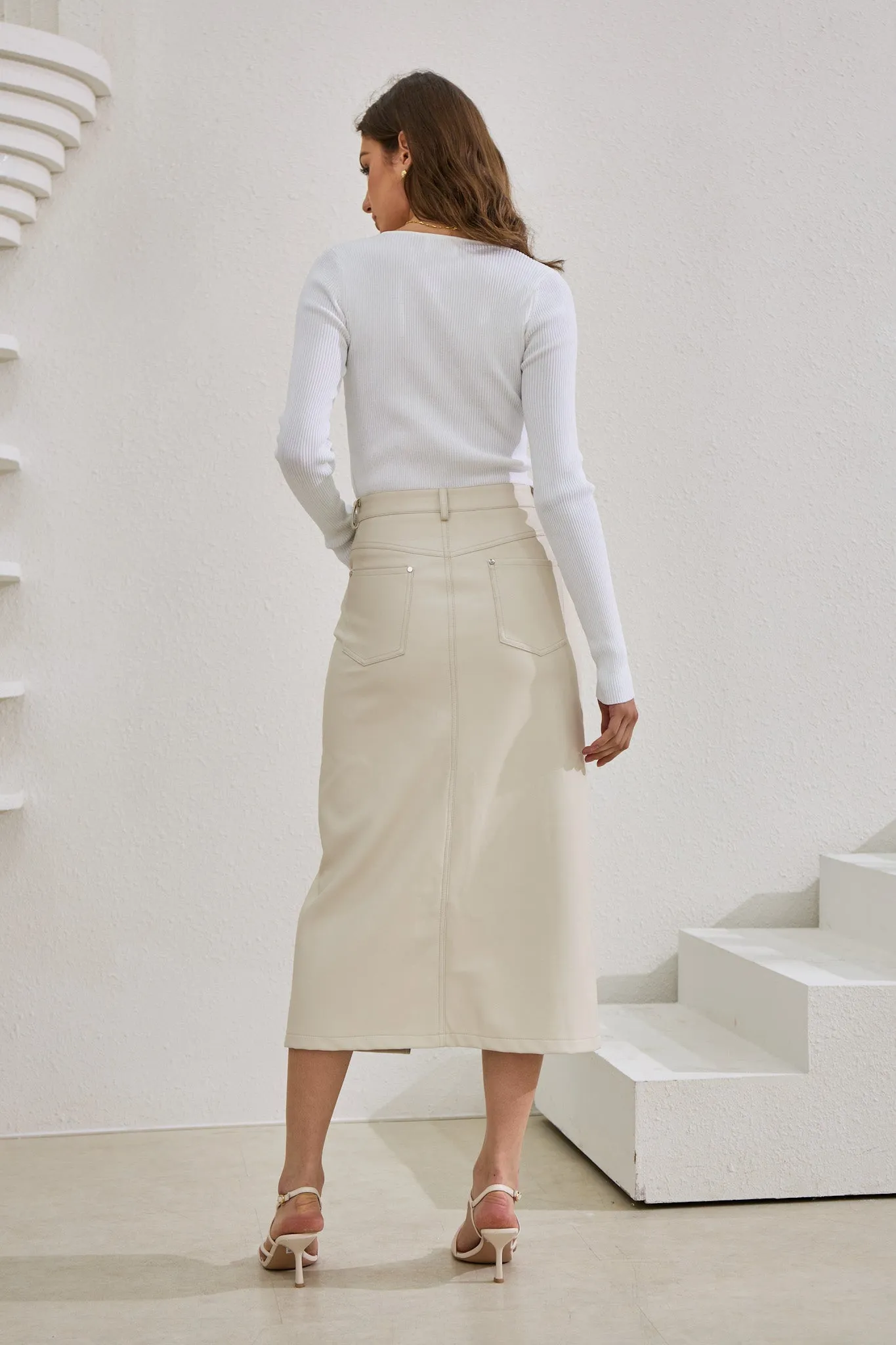 Evan Beige Faux Leather PU Midi Skirt