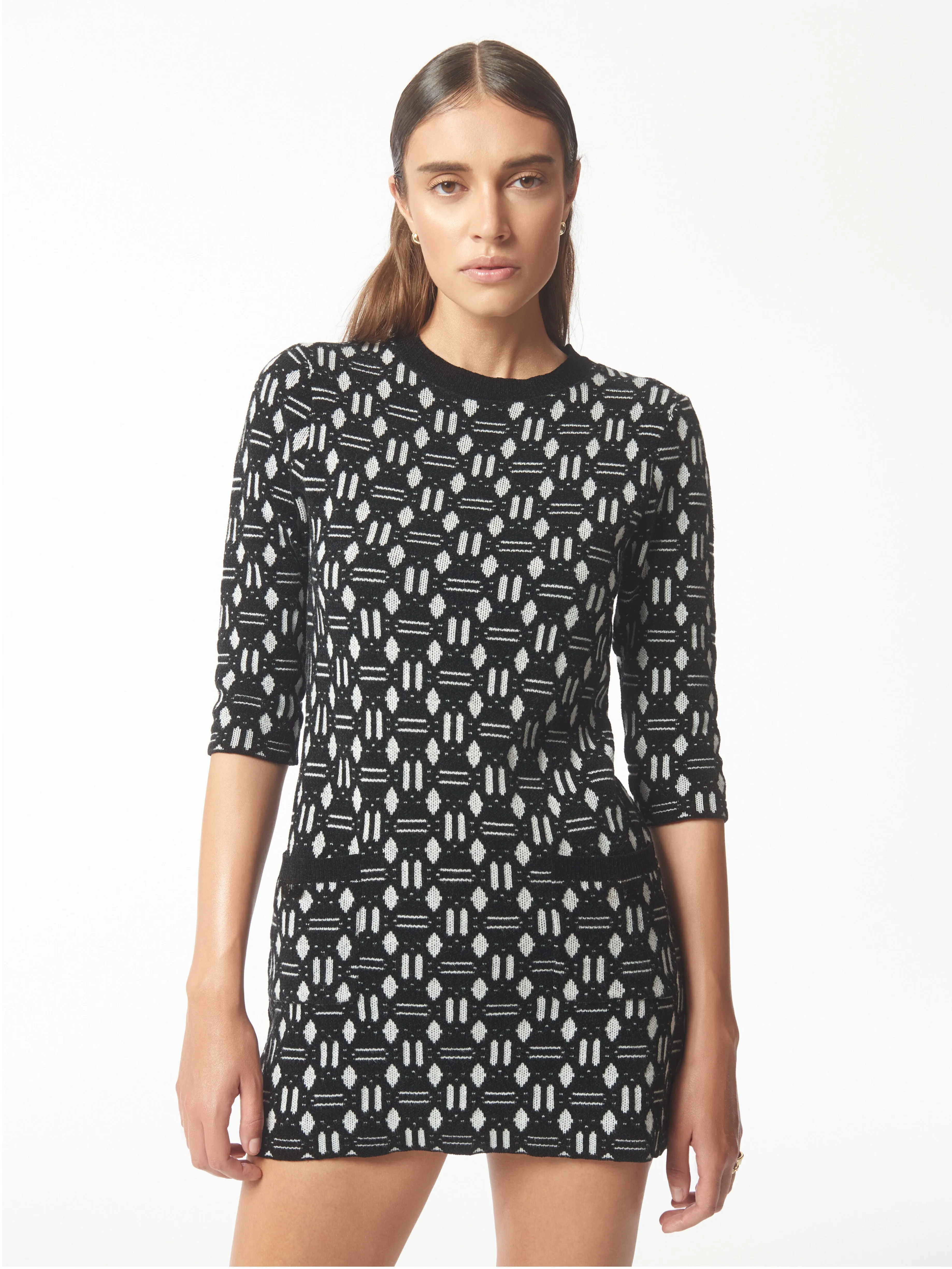 Geometric Jacquard Knit Dress in Black and White