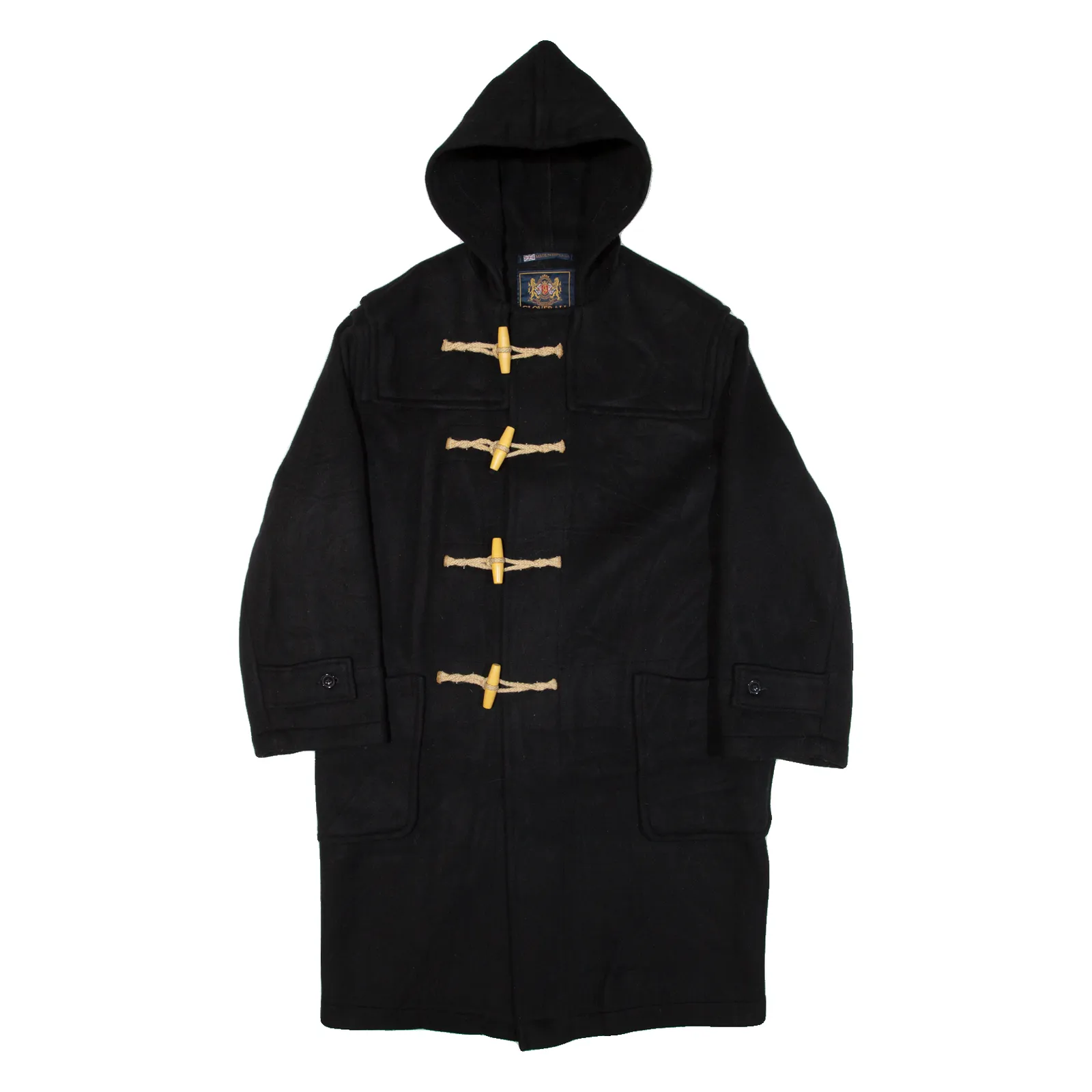 GLOVERALL Mens Duffle Coat Black Knit Wool Hooded S