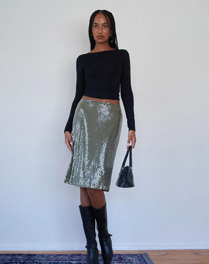 Kavi Midi Skirt in Khaki Green Clear Sequin