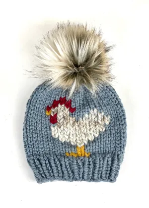 Knit Chicken Hat, Chicken Hat in Slate and Arctic Wolf Faux Fur Wool Blend Beanie Womens Adult Hat