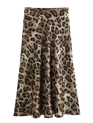 Leopard Luxe Satin High Waist Midi Skirt - Leopard