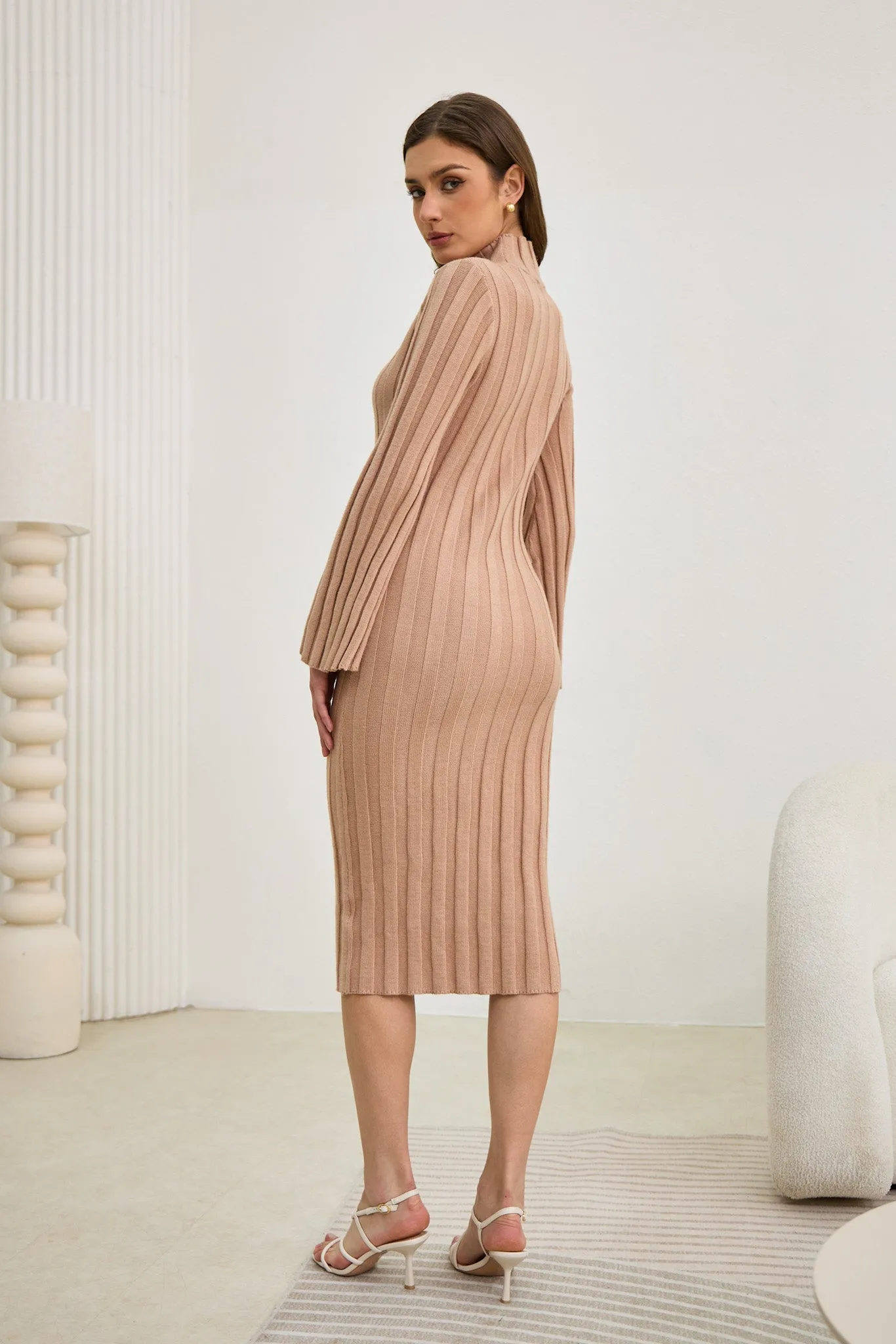 Lexi Mocha Flute Sleeve Knit Midi Dress