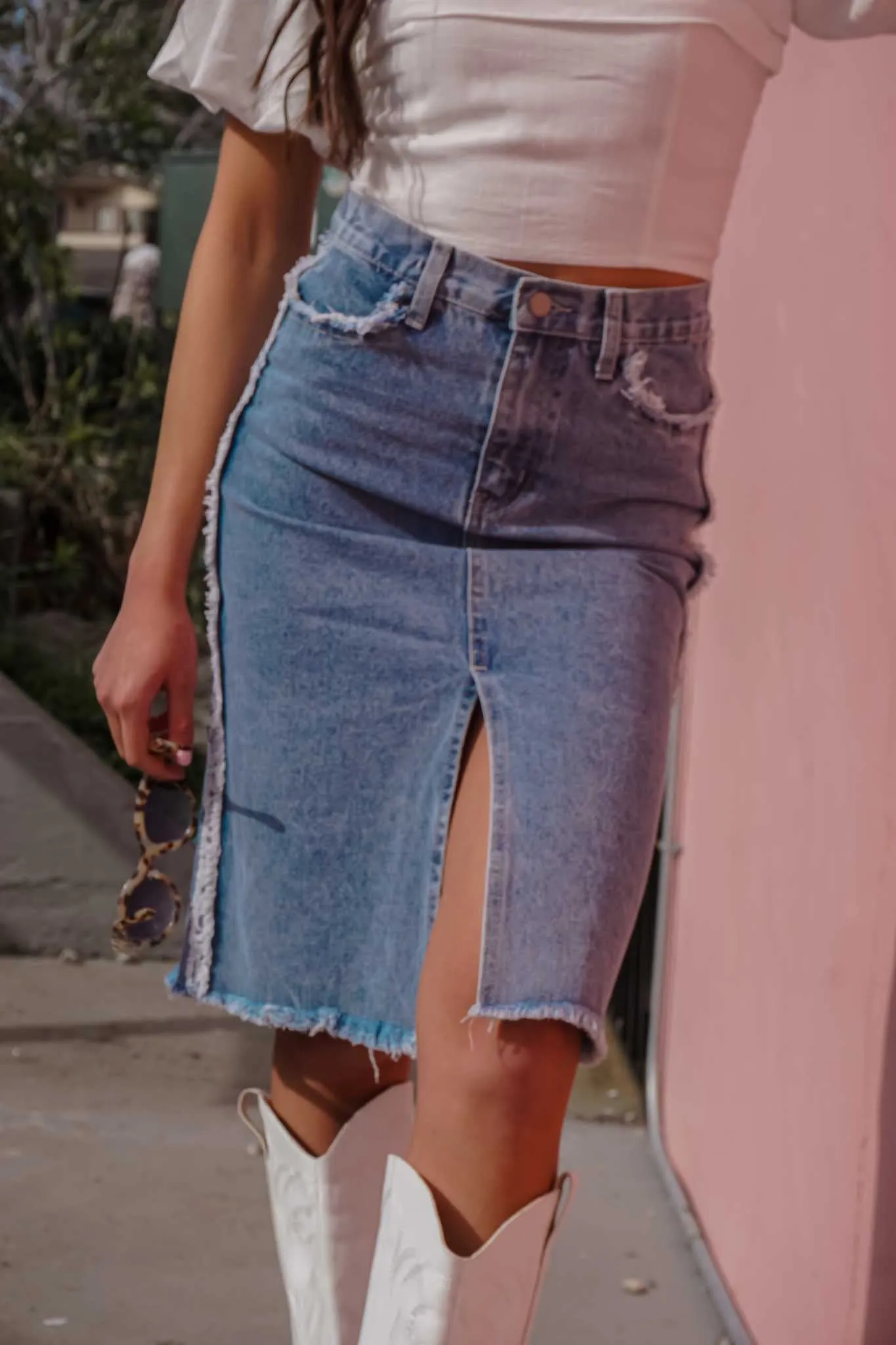 Lola Distressed Denim Midi Skirt