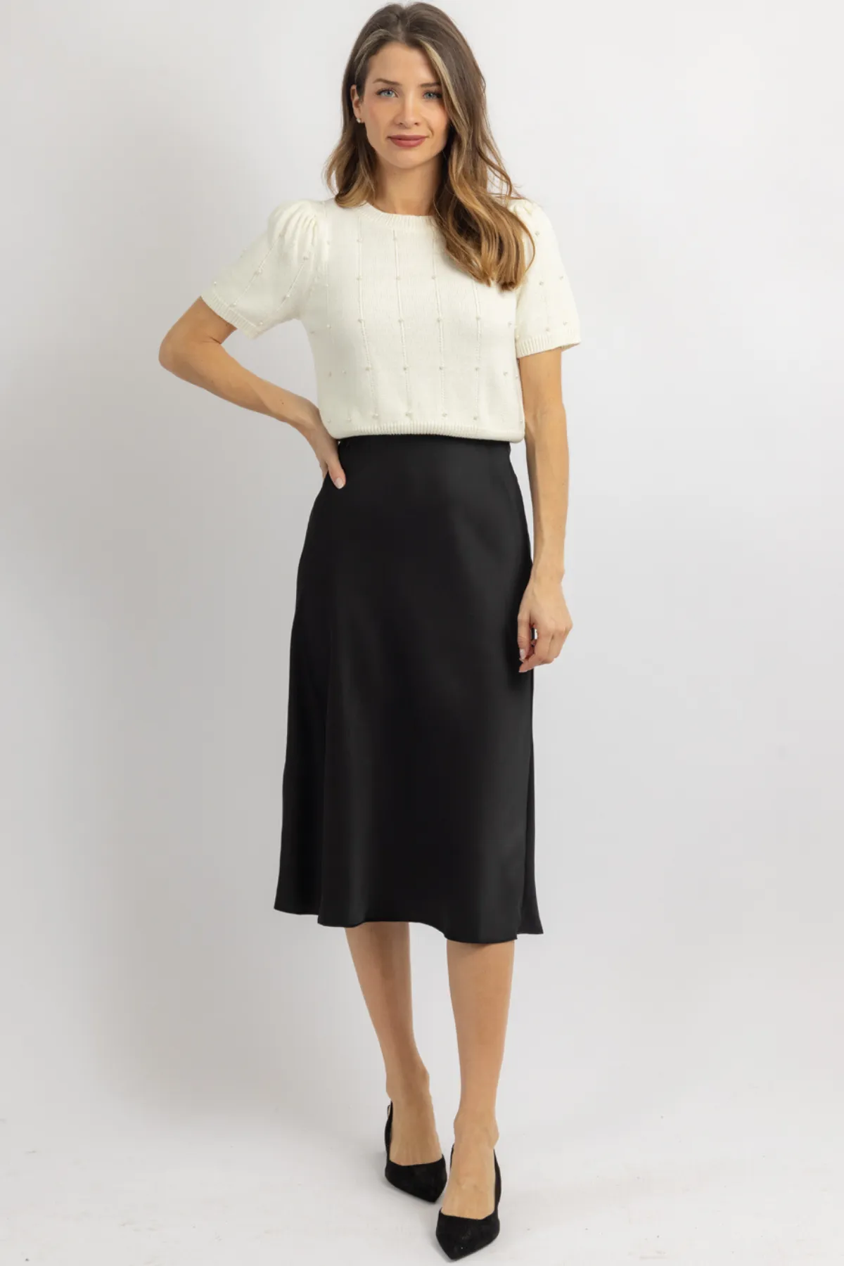 LUNA BLACK SATIN MIDI SKIRT