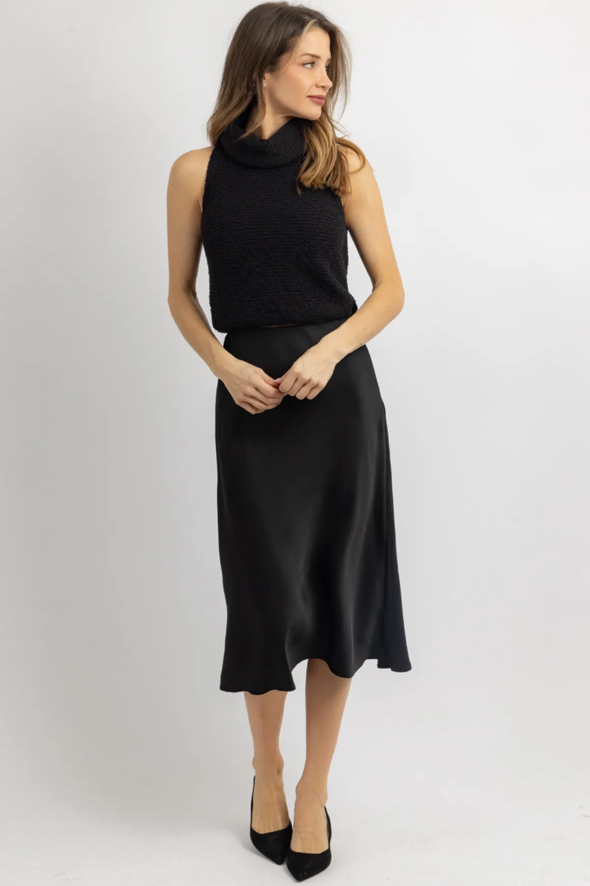 LUNA BLACK SATIN MIDI SKIRT