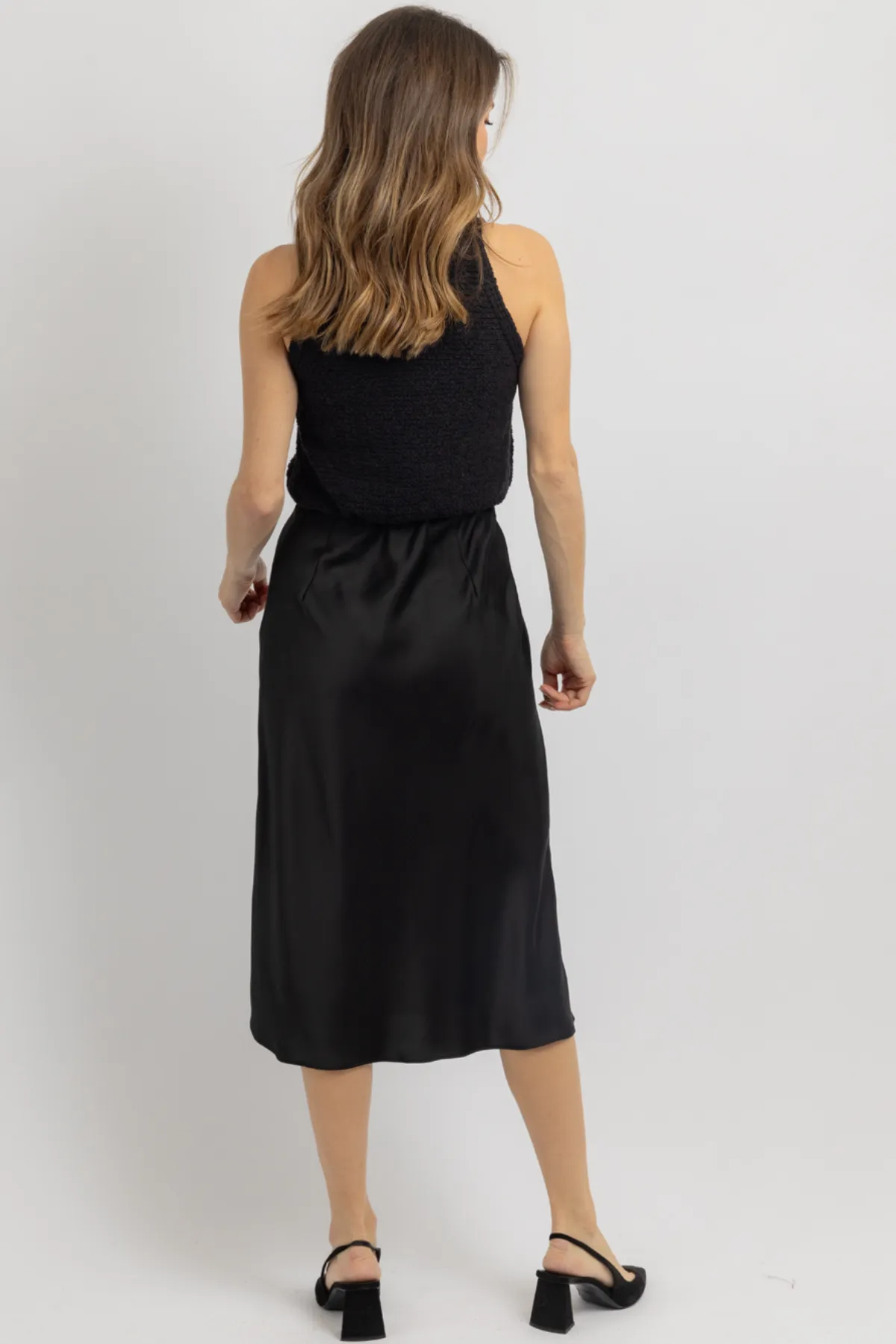 LUNA BLACK SATIN MIDI SKIRT