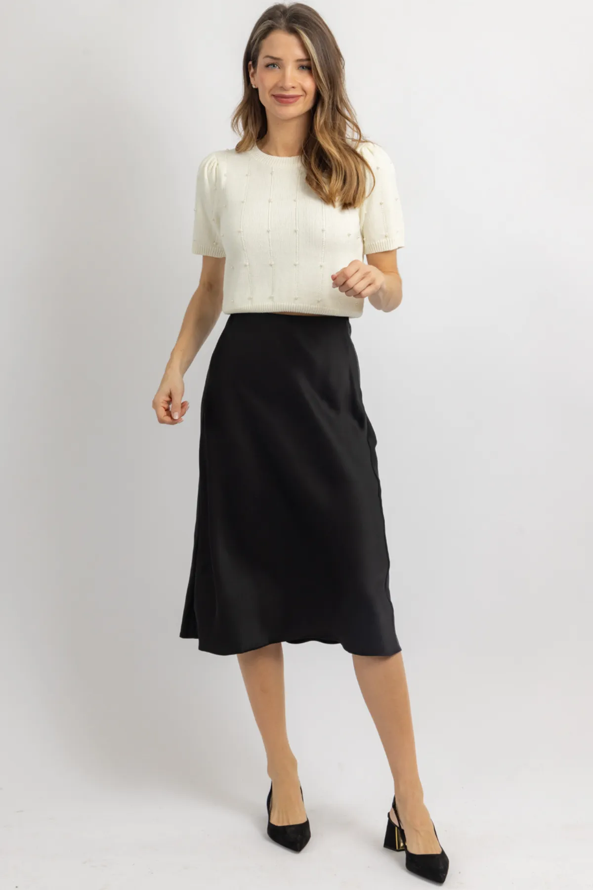 LUNA BLACK SATIN MIDI SKIRT