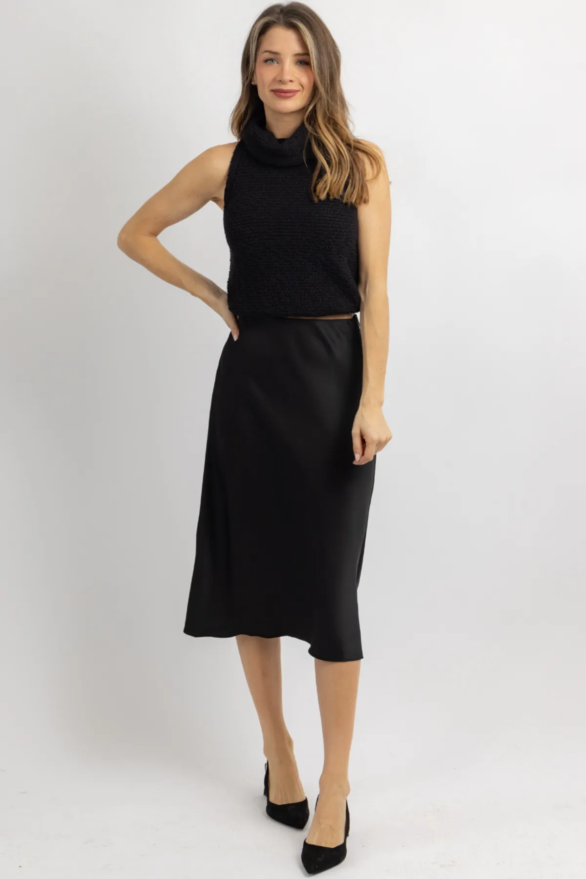 LUNA BLACK SATIN MIDI SKIRT