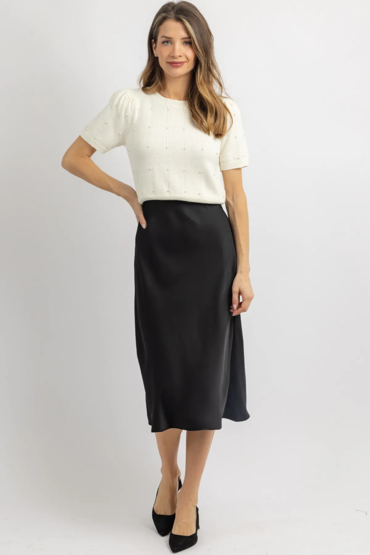 LUNA BLACK SATIN MIDI SKIRT