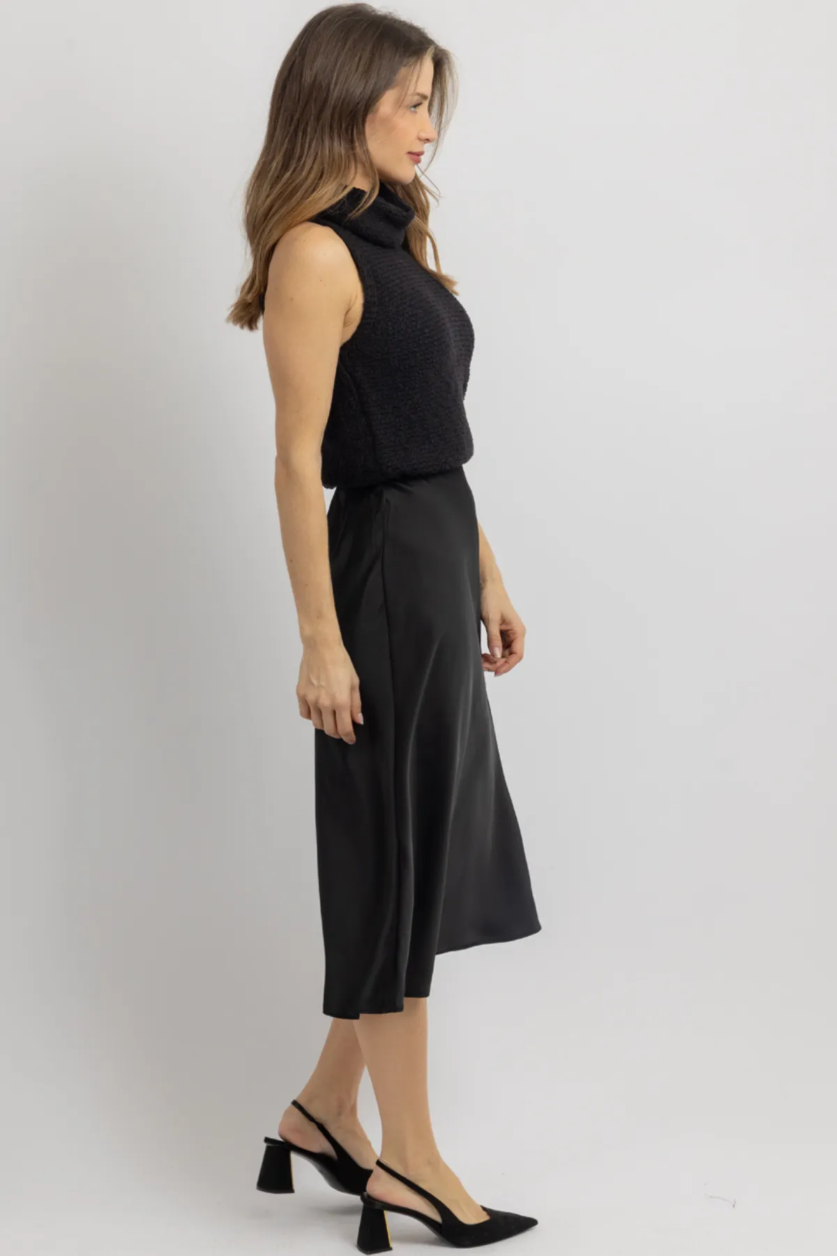 LUNA BLACK SATIN MIDI SKIRT