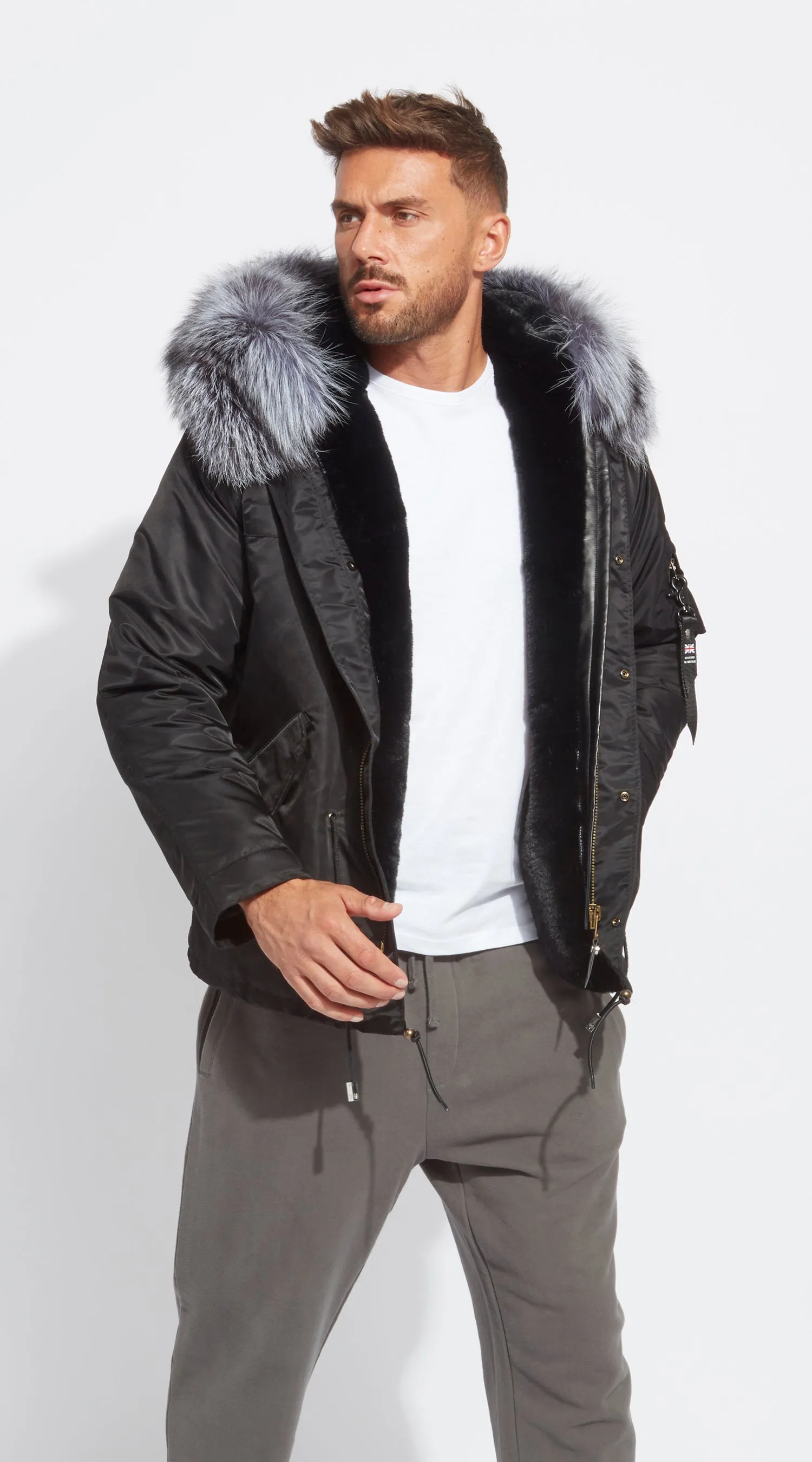 Mens Black Water-Repellent Luxy Fur Parka - Silver Fox