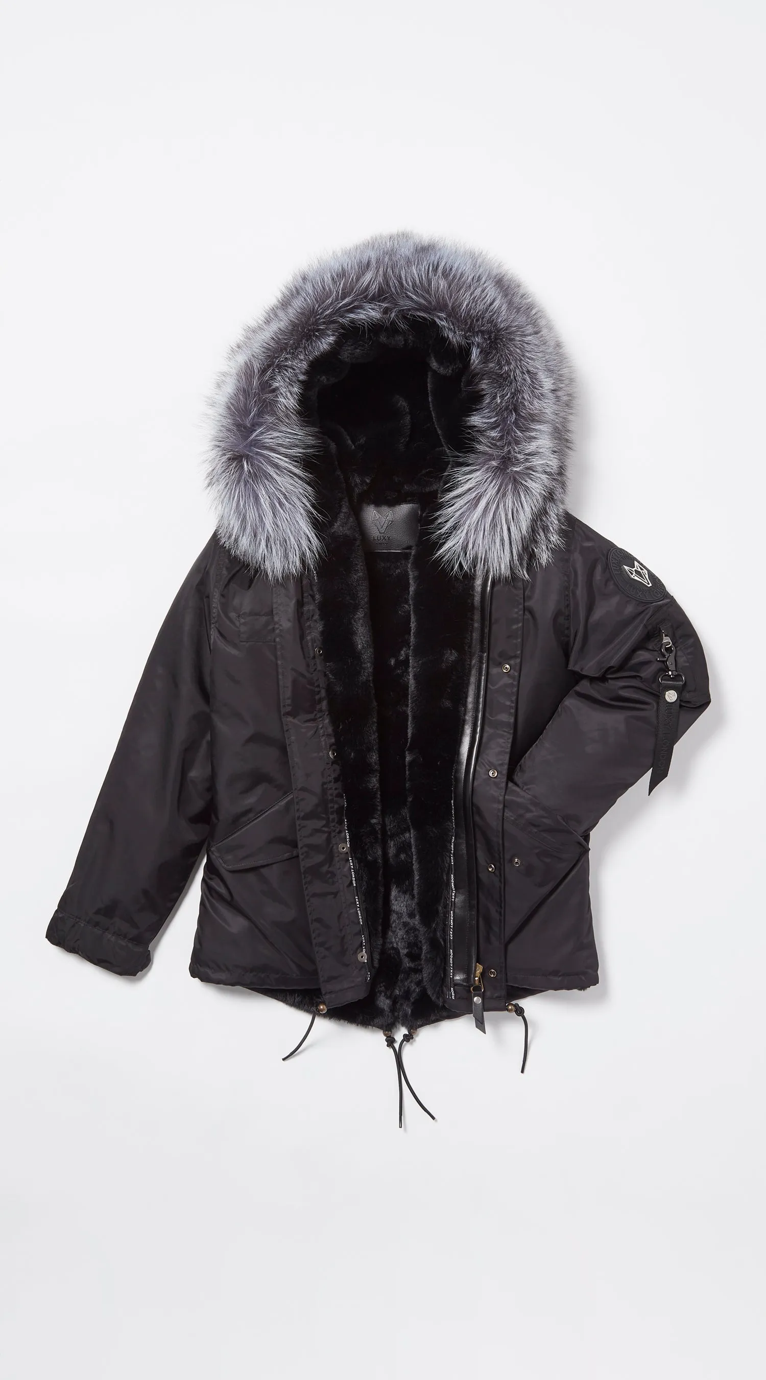 Mens Black Water-Repellent Luxy Fur Parka - Silver Fox