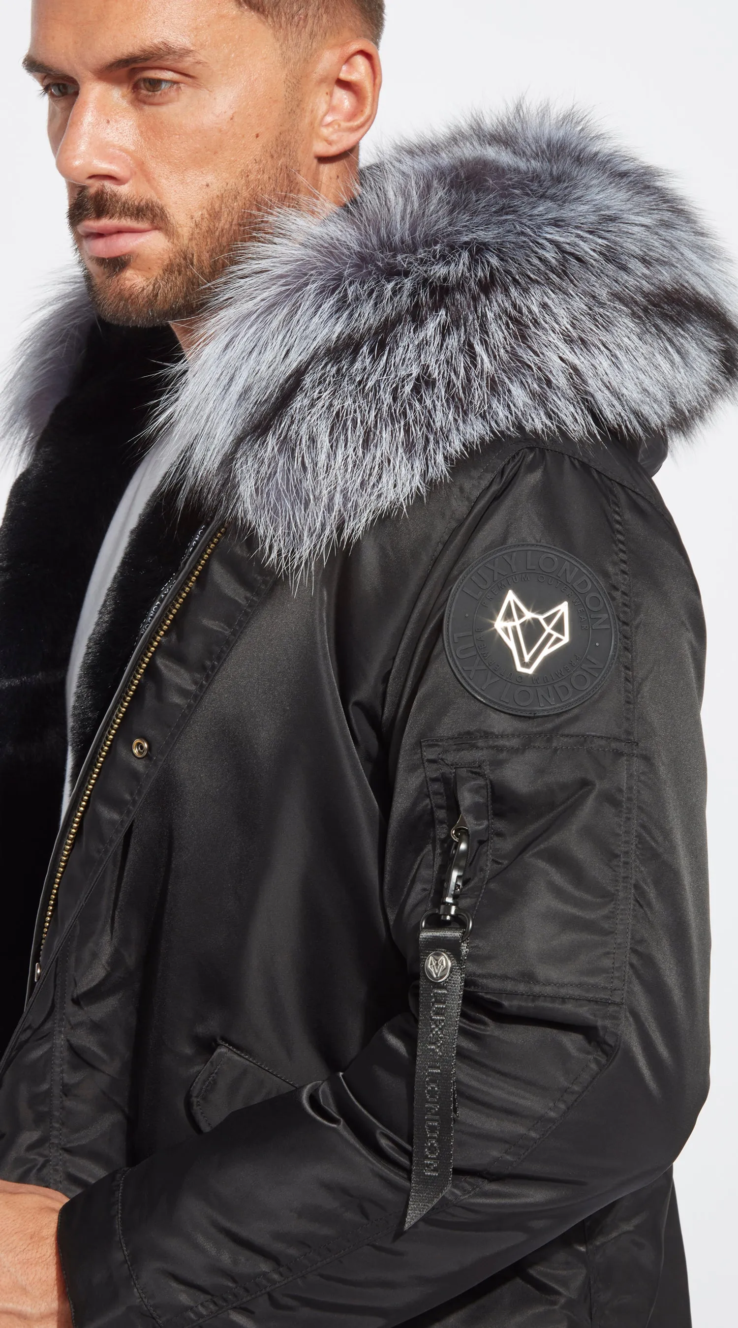 Mens Black Water-Repellent Luxy Fur Parka - Silver Fox