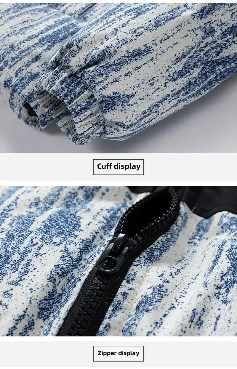 Men's Stylish Warm Jacket Winter New Fashion Tie-Dye Gradient Loose Outdoor Travel Stand Collar Coat