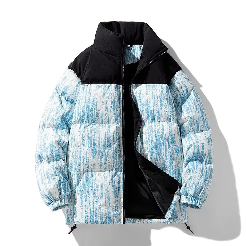 Men's Stylish Warm Jacket Winter New Fashion Tie-Dye Gradient Loose Outdoor Travel Stand Collar Coat