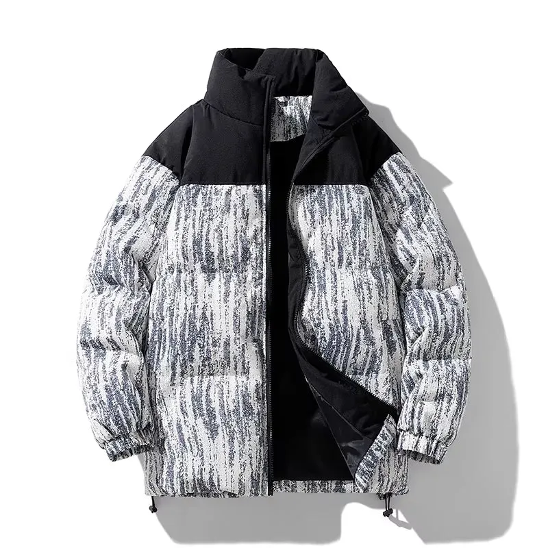 Men's Stylish Warm Jacket Winter New Fashion Tie-Dye Gradient Loose Outdoor Travel Stand Collar Coat