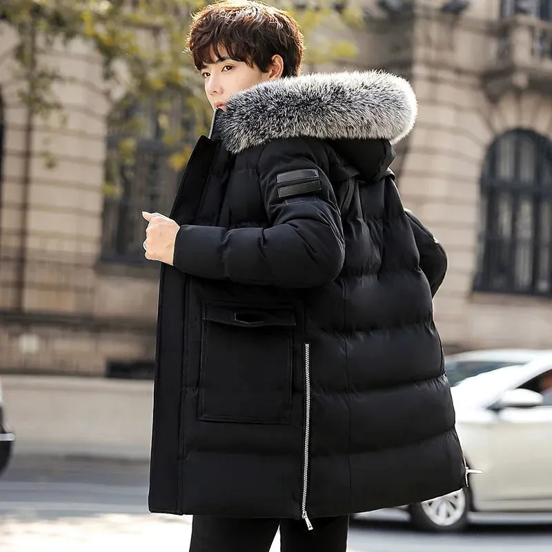 Parka Men’s Slim Winter Coat Thick Fur Hooded Cotton Padded Medium Long Jacket