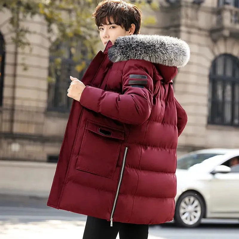 Parka Men’s Slim Winter Coat Thick Fur Hooded Cotton Padded Medium Long Jacket