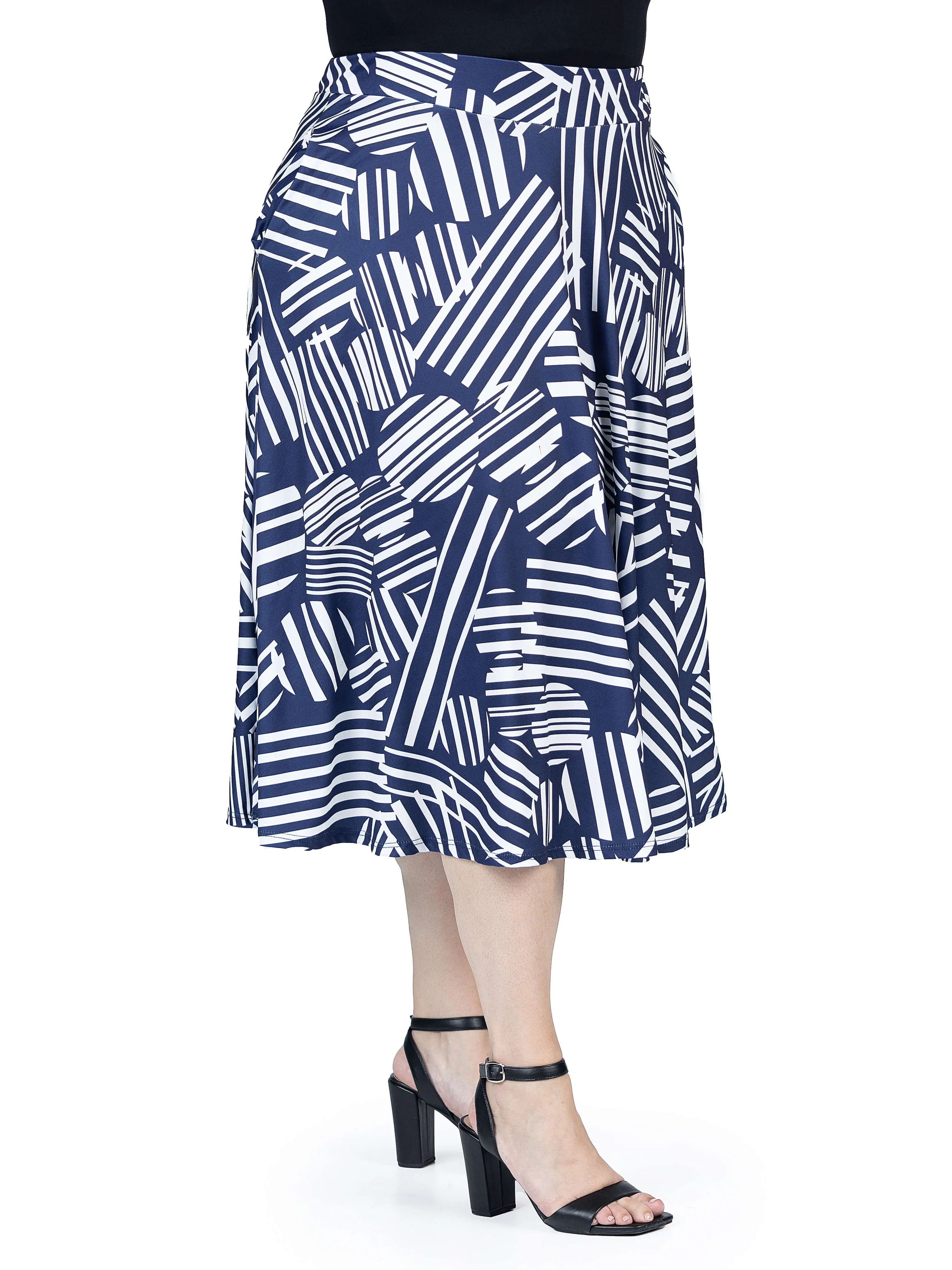 Plus Size Navy Geometric Print Pleated Midi Skirt With Pockets