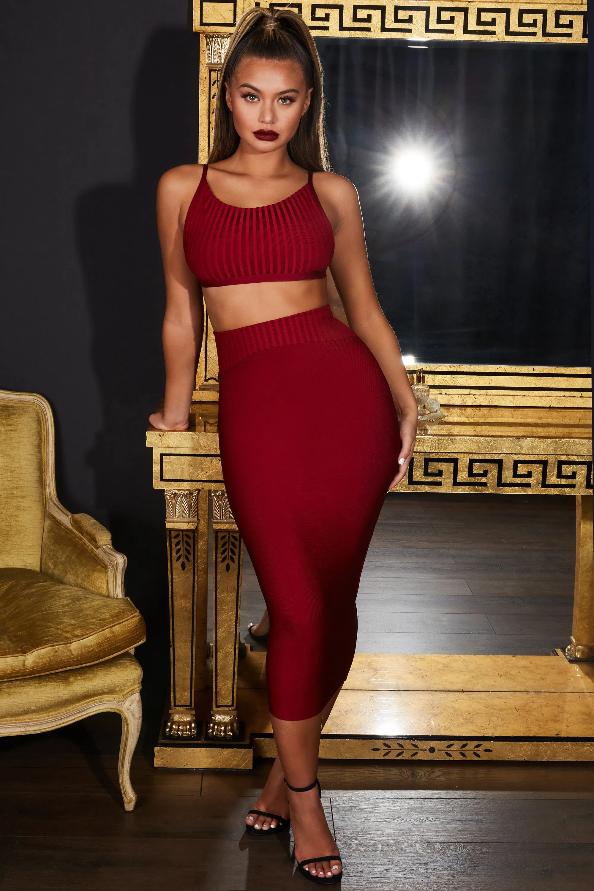 Real Hustle High Waisted Bandage Midi Skirt in Berry