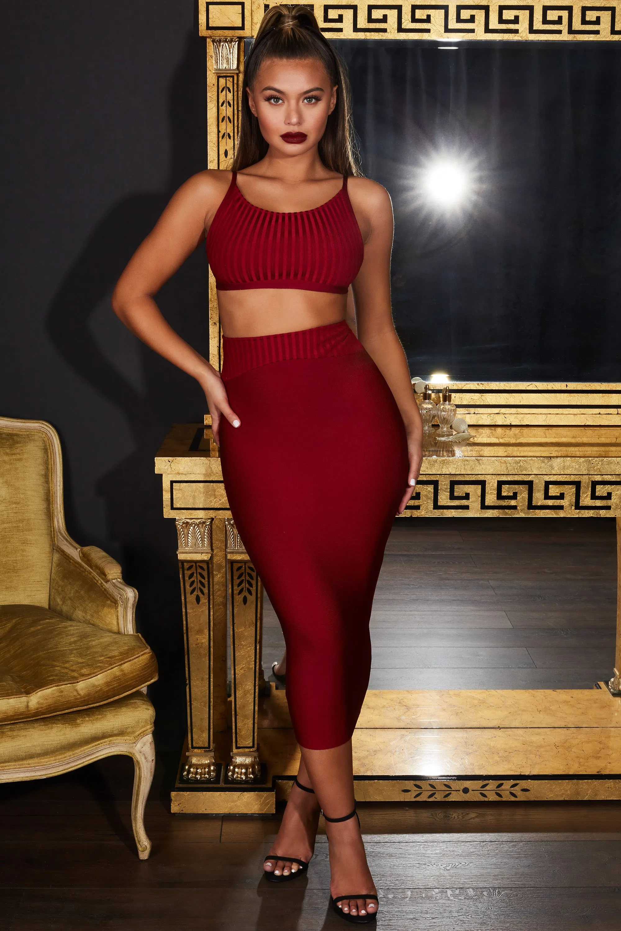 Real Hustle High Waisted Bandage Midi Skirt in Berry