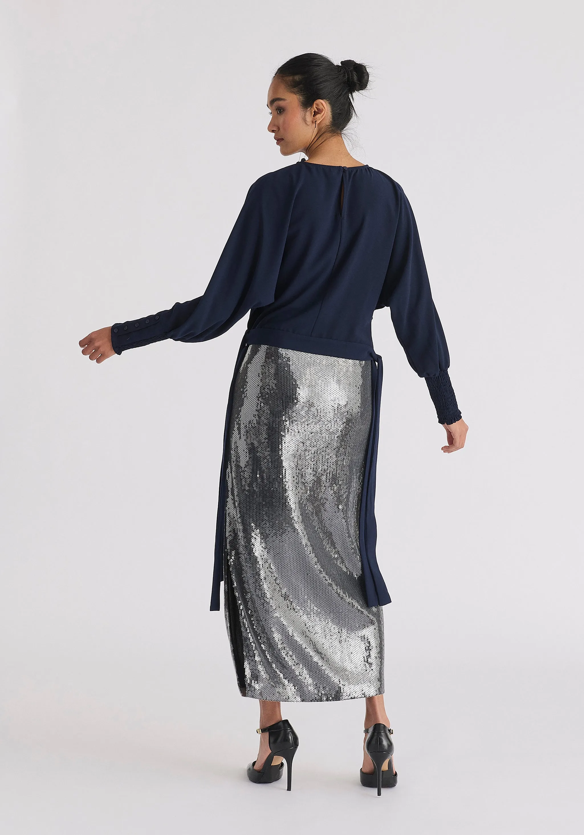 Sequin Midi Skirt with Side Slit