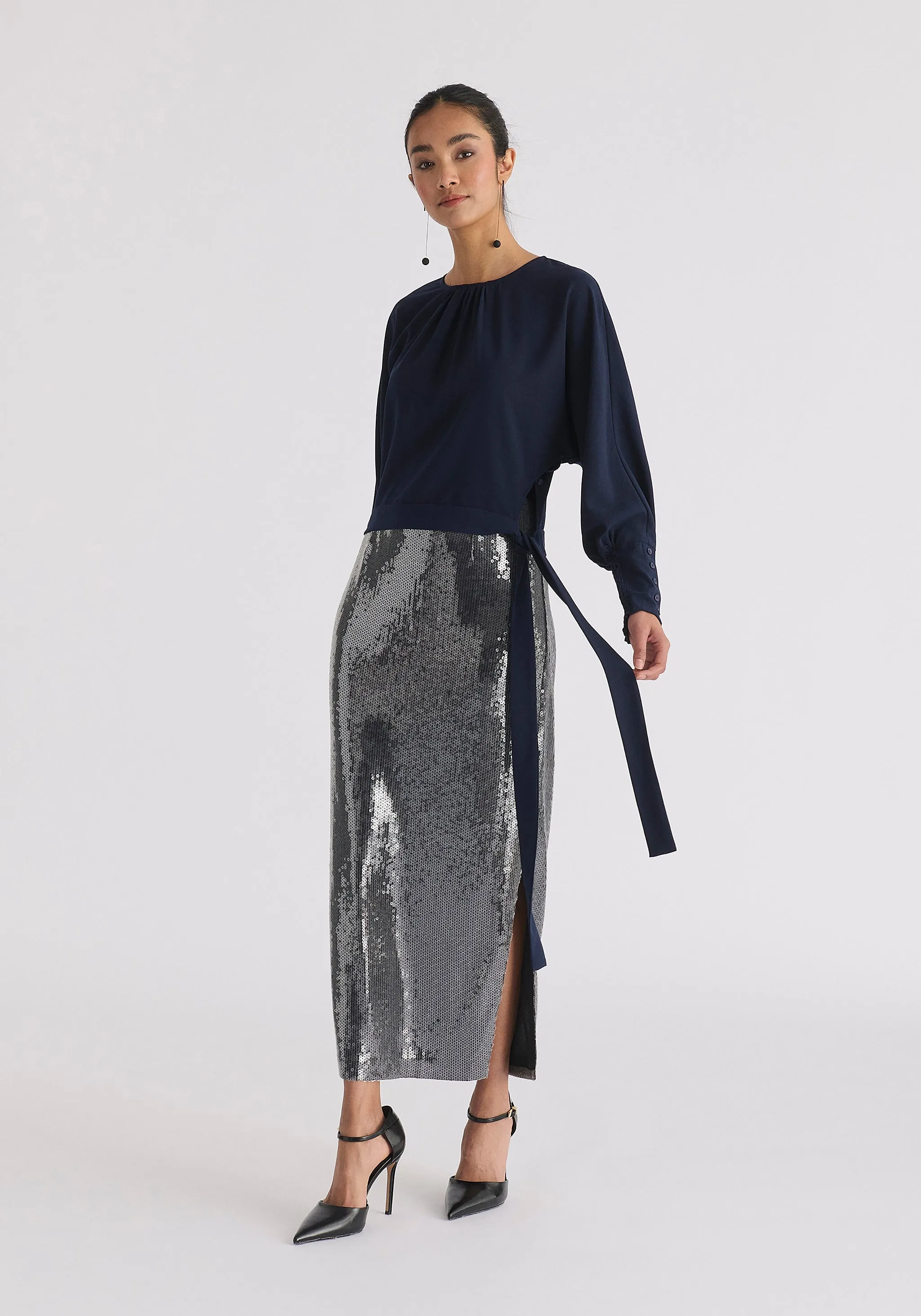 Sequin Midi Skirt with Side Slit