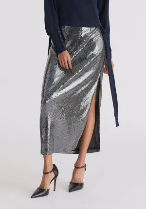 Sequin Midi Skirt with Side Slit