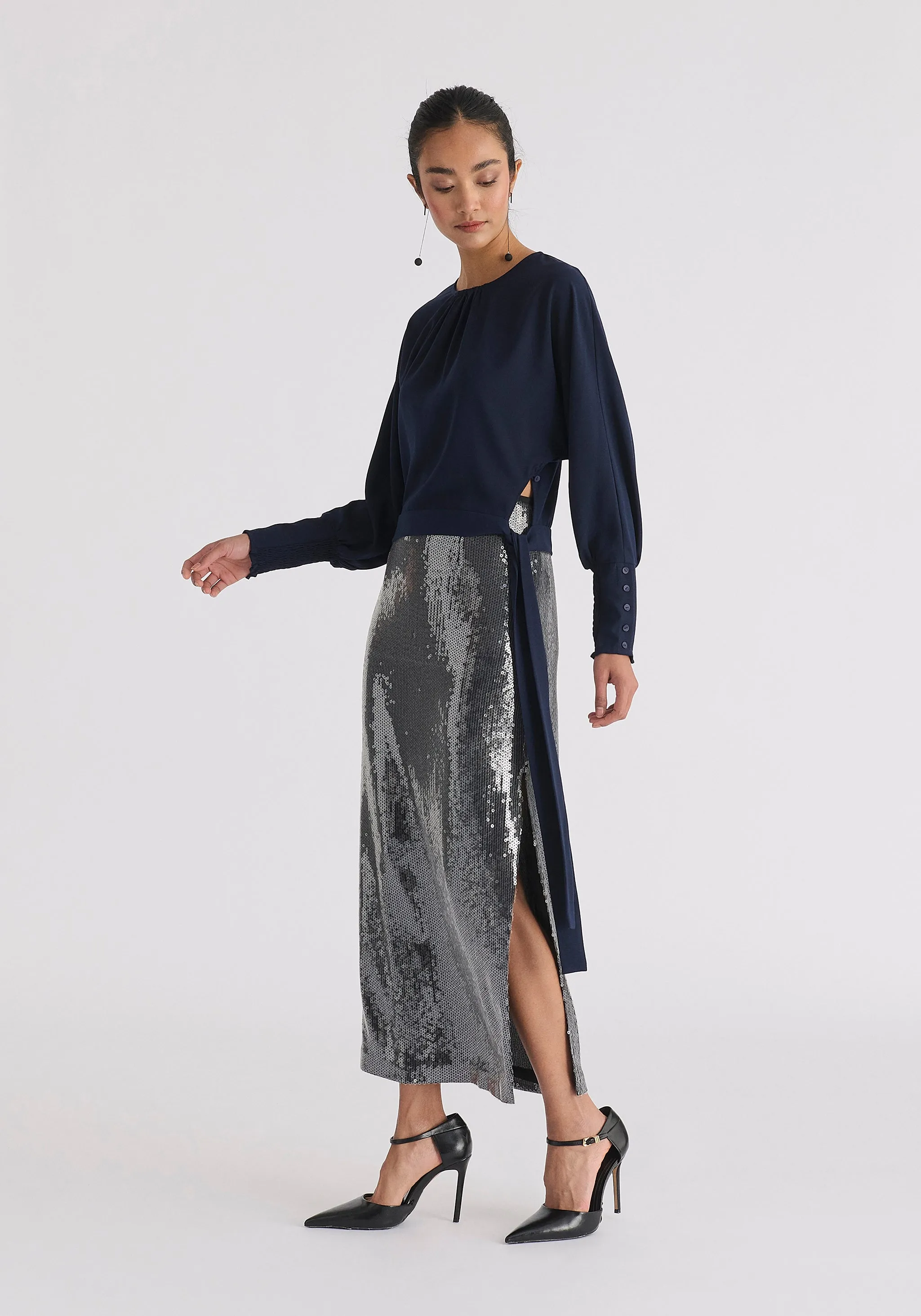 Sequin Midi Skirt with Side Slit