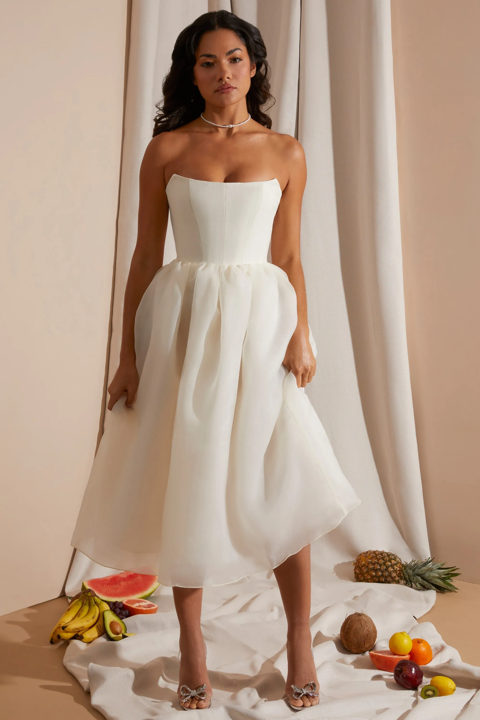 Strapless Corset Tulle Midi Dress in White