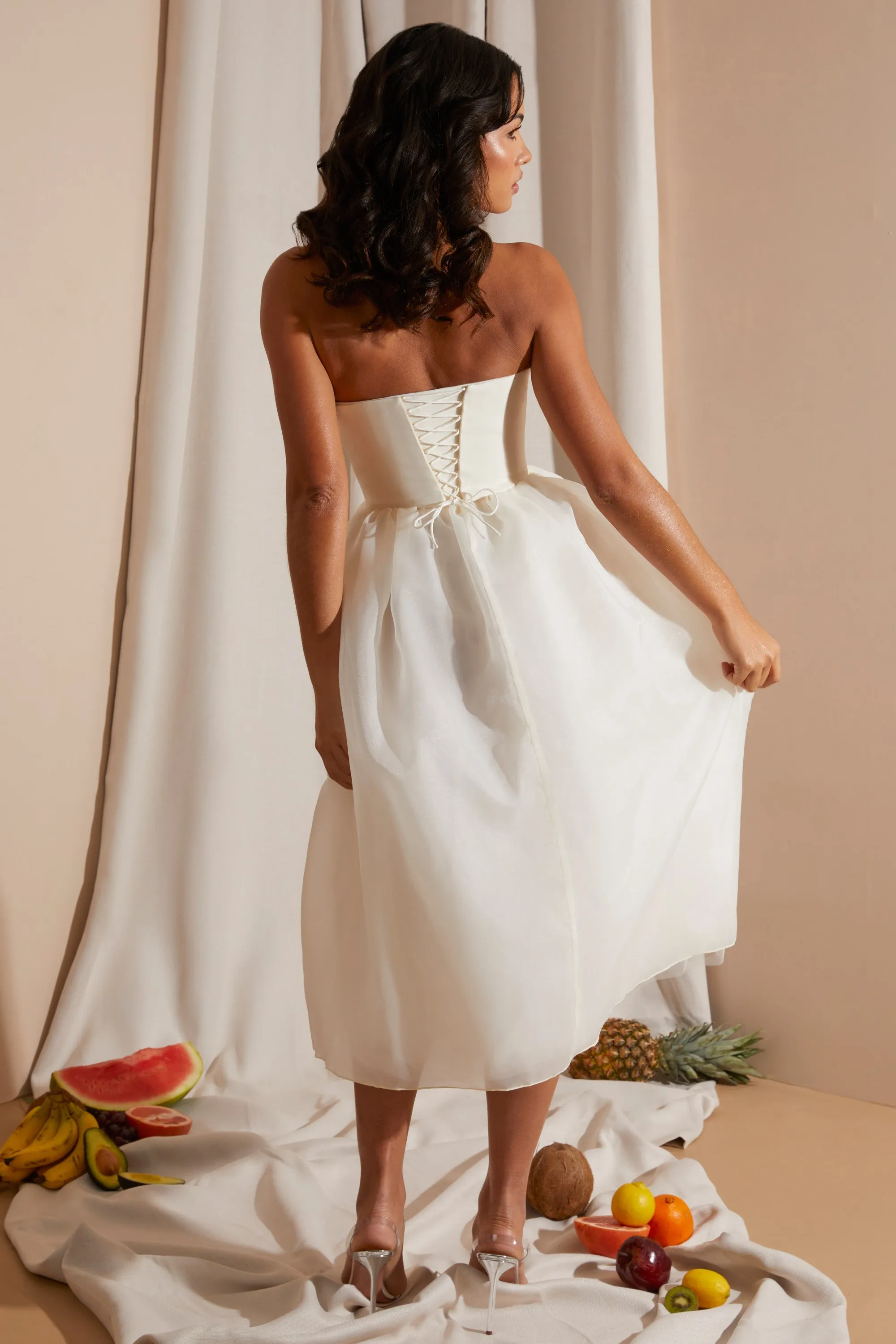 Strapless Corset Tulle Midi Dress in White