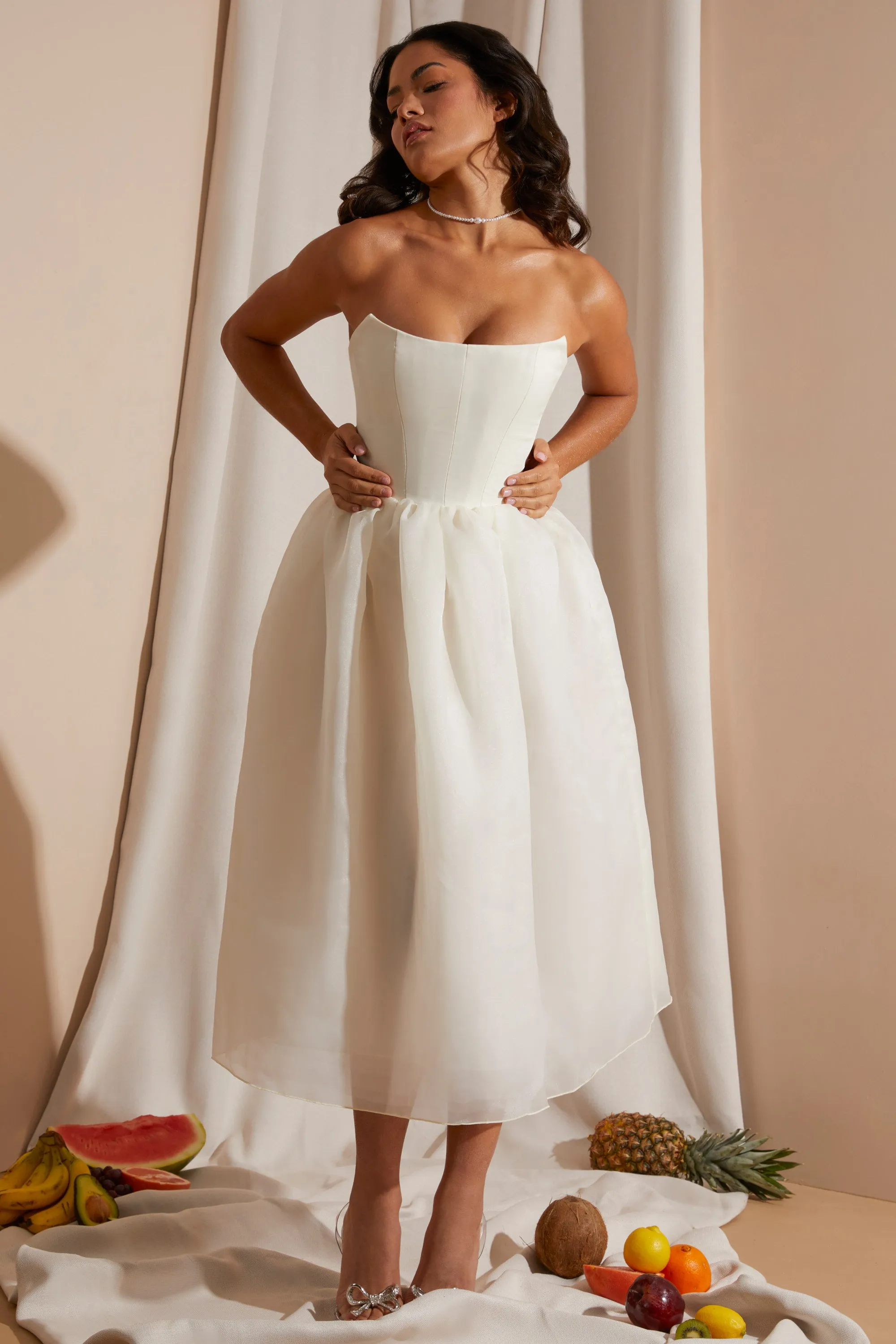 Strapless Corset Tulle Midi Dress in White