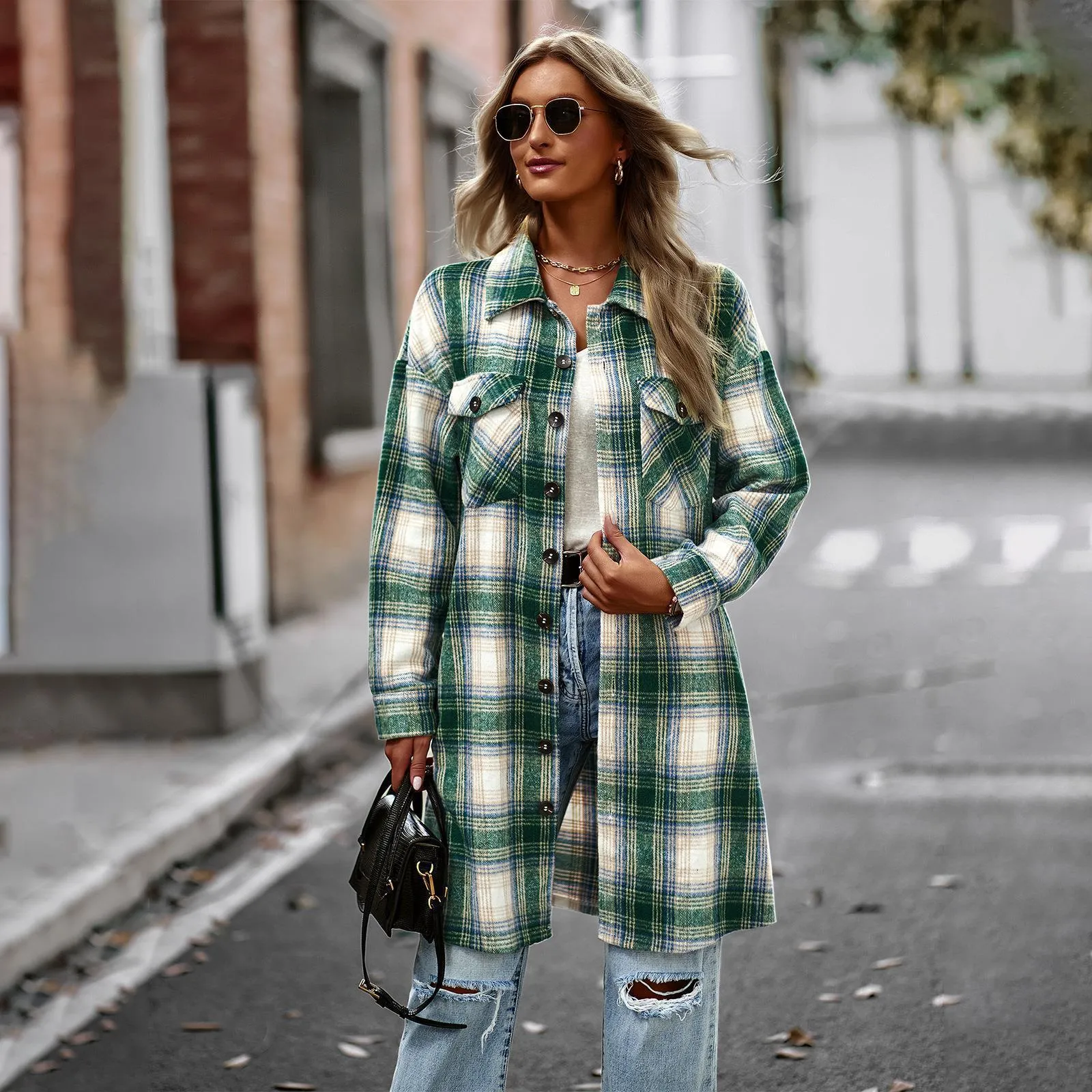 Temperament Long Plaid Woolen Cardigan Coat