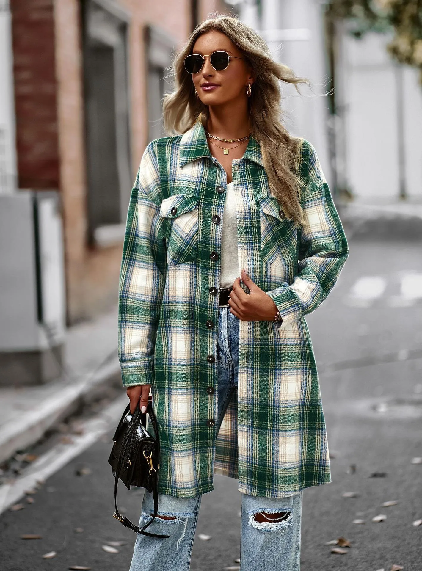 Temperament Long Plaid Woolen Cardigan Coat