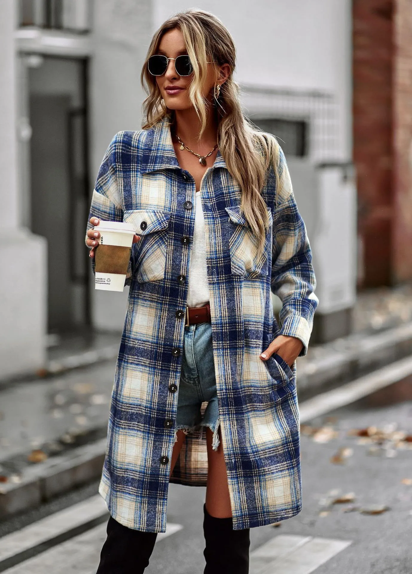 Temperament Long Plaid Woolen Cardigan Coat