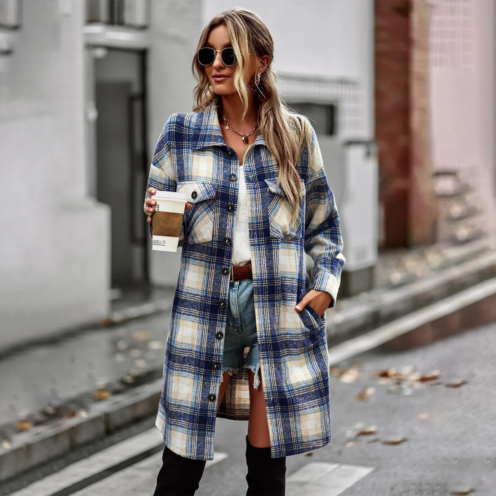 Temperament Long Plaid Woolen Cardigan Coat